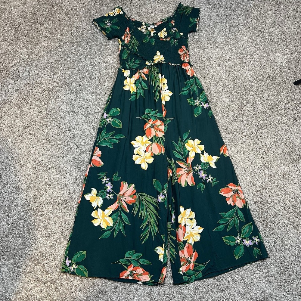 Patrons Of Peace Tropical Wide Leg Cropped Smocked Off Shoulder Jumpsuit M Green